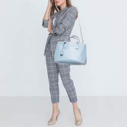 Pre Owned Prada Sky Blue Saffiano Lux Leather Medium Double Zip Tote