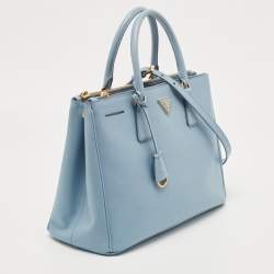 Pre Owned Prada Sky Blue Saffiano Lux Leather Medium Double Zip Tote