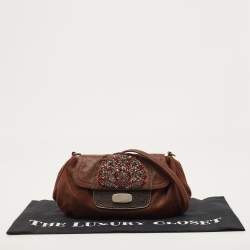 Pre Owned Prada Brown Leather Rhinestones Embellished Flap Bag