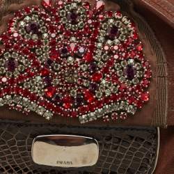 Pre Owned Prada Brown Leather Rhinestones Embellished Flap Bag