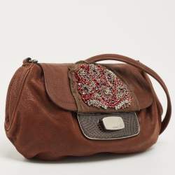 Pre Owned Prada Brown Leather Rhinestones Embellished Flap Bag