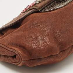 Pre Owned Prada Brown Leather Rhinestones Embellished Flap Bag