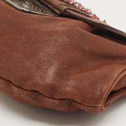 Pre Owned Prada Brown Leather Rhinestones Embellished Flap Bag