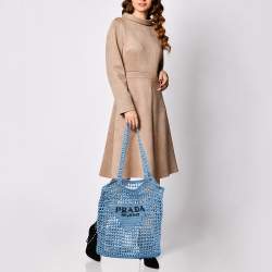 Pre Owned Prada Light Blue Straw Crochet Tote