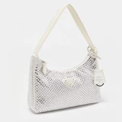 Pre Owned Prada White Fabric Crystal Re-Edition 2000 Baguette Bag