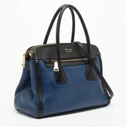 Pre Owned Prada Blue/Black Saffiano Leather Double Zip Satchel