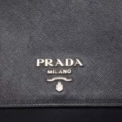 Pre Owned Prada Black Saffiano Leather and Nylon Logo Flap Shoulder Bag
