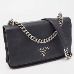 Pre Owned Prada Black Saffiano Leather and Nylon Logo Flap Shoulder Bag