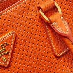 Prada White/Orange Perforated Saffiano Leather Large Gardener's Tote
