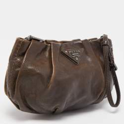 Prada Dark Brown Ruched Leather Wristlet Clutch