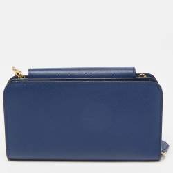 Pre Owned Prada Blue Saffiano Leather Metal Oral Phone Wallet On Chain