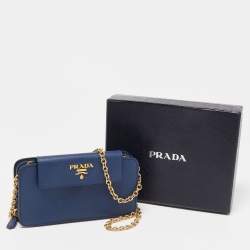 Pre Owned Prada Blue Saffiano Leather Metal Oral Phone Wallet On Chain
