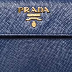 Pre Owned Prada Blue Saffiano Leather Metal Oral Phone Wallet On Chain
