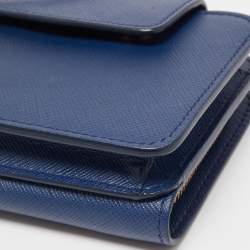 Pre Owned Prada Blue Saffiano Leather Metal Oral Phone Wallet On Chain