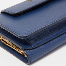 Pre Owned Prada Blue Saffiano Leather Metal Oral Phone Wallet On Chain