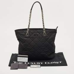Pre Owned Prada Black Quilted Tessuto Impuntu Chain Tote