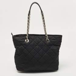 Pre Owned Prada Black Quilted Tessuto Impuntu Chain Tote