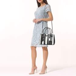 Prada Black/White Saffiano Leather Small Stripe Double Zip Tote
