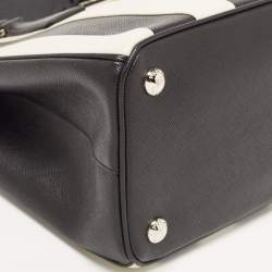 Prada Black/White Saffiano Leather Small Stripe Double Zip Tote