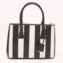 Prada Black/White Saffiano Leather Small Stripe Double Zip Tote