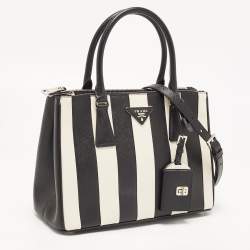 Prada Black/White Saffiano Leather Small Stripe Double Zip Tote