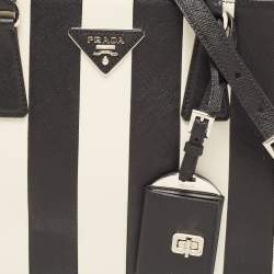 Prada Black/White Saffiano Leather Small Stripe Double Zip Tote