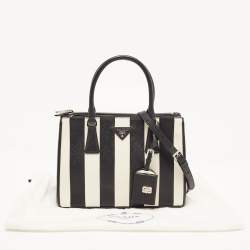 Prada Black/White Saffiano Leather Small Stripe Double Zip Tote