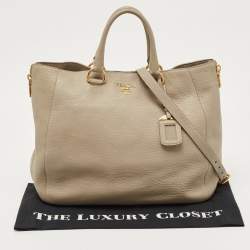 Pre Owned Prada Grey Vitello Daino Leather Side Zip Tote