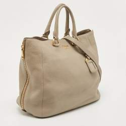 Pre Owned Prada Grey Vitello Daino Leather Side Zip Tote