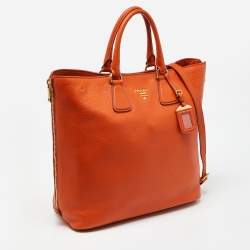 Pre Owned Prada Orange Vitello Daino Leather Large Shopping Tote