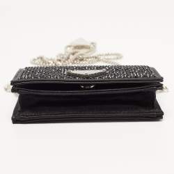Pre Owned Prada Black Satin Crystals Embellished Triangular Logo Card Case with Chain 