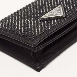 Pre Owned Prada Black Satin Crystals Embellished Triangular Logo Card Case with Chain 