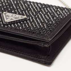 Pre Owned Prada Black Satin Crystals Embellished Triangular Logo Card Case with Chain 