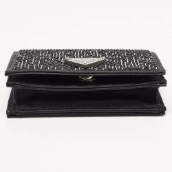 Pre Owned Prada Black Satin Crystals Embellished Triangular Logo Card Case with Chain 