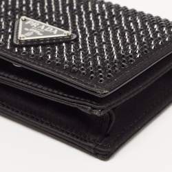 Pre Owned Prada Black Satin Crystals Embellished Triangular Logo Card Case with Chain 