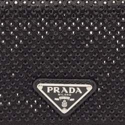 Pre Owned Prada Black Satin Crystals Embellished Triangular Logo Card Case with Chain 