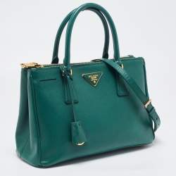 Pre Owned Prada Green Saffiano Lux Leather Small Double Zip Tote