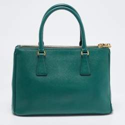Pre Owned Prada Green Saffiano Lux Leather Small Double Zip Tote