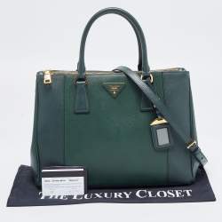 Pre Owned Prada Green Two Tone Saffiano Lux Leather Medium Double Zip Tote