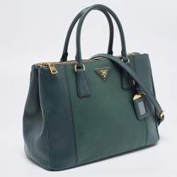 Pre Owned Prada Green Two Tone Saffiano Lux Leather Medium Double Zip Tote