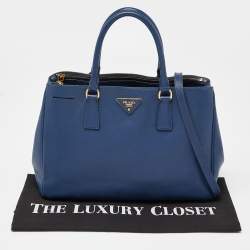 Pre Owned Prada Blue Saffiano Lux Leather Large Galleria Double Zip Tote