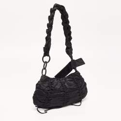 Pre Owned Prada Black Ruffles Nylon Bow Baguette Bag