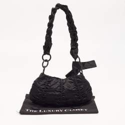 Pre Owned Prada Black Ruffles Nylon Bow Baguette Bag