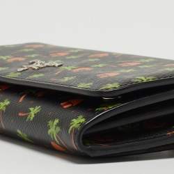 Prada Black Leather Palm Tree Print Flap Continental Wallet