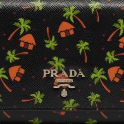 Prada Black Leather Palm Tree Print Flap Continental Wallet