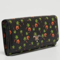 Prada Black Leather Palm Tree Print Flap Continental Wallet