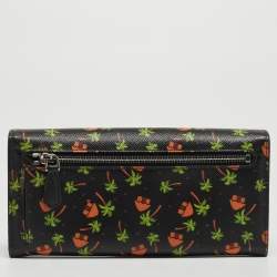 Prada Black Leather Palm Tree Print Flap Continental Wallet