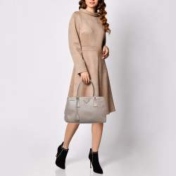 Pre Owned Prada Grey Saffiano Lux Leather Small Galleria Double Zip Tote