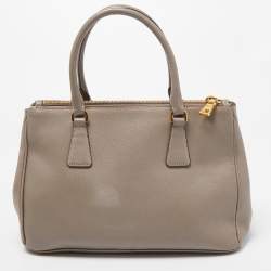 Pre Owned Prada Grey Saffiano Lux Leather Small Galleria Double Zip Tote