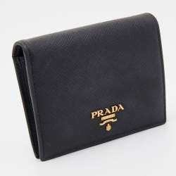 Pre Owned Prada Black Saffiano Metal Leather Logo Flap Card Case